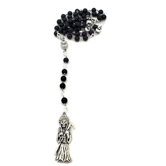 Handmade Obsidian Santa Muerte Rosary Holy Death Amulet Natural Stone Beads - Picture 7 of 10